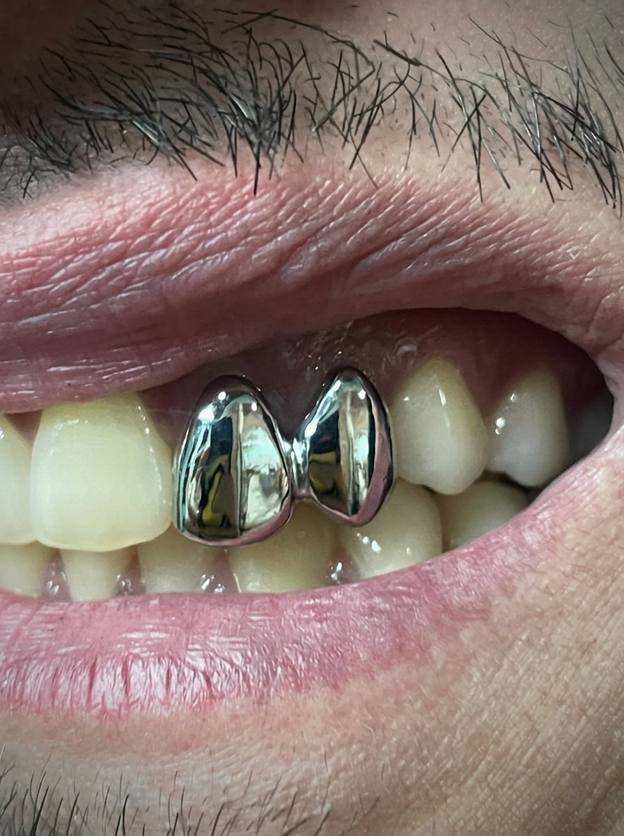 Polished solid silver custom grillz cap fitted over two front teeth in Madrid