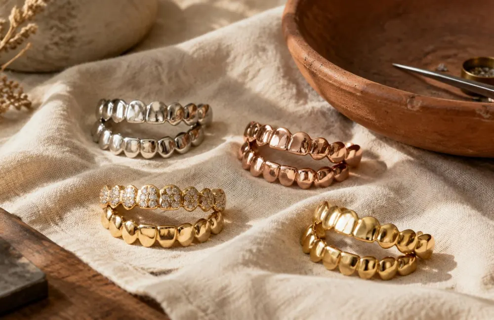 Grillz Madrid styles: silver, rose-gold and yellow-gold grillz sets laid out on cream linen next to a terracotta dish